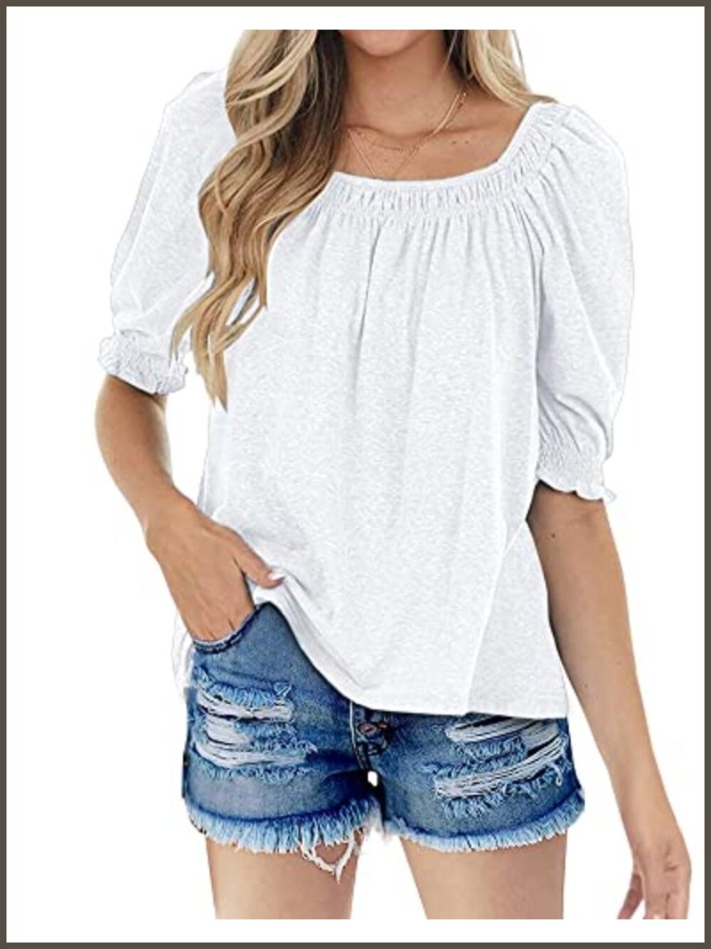 Women's Square Neck Puff Half Sleeve Pleated Blouse Loose Fit Summer Top